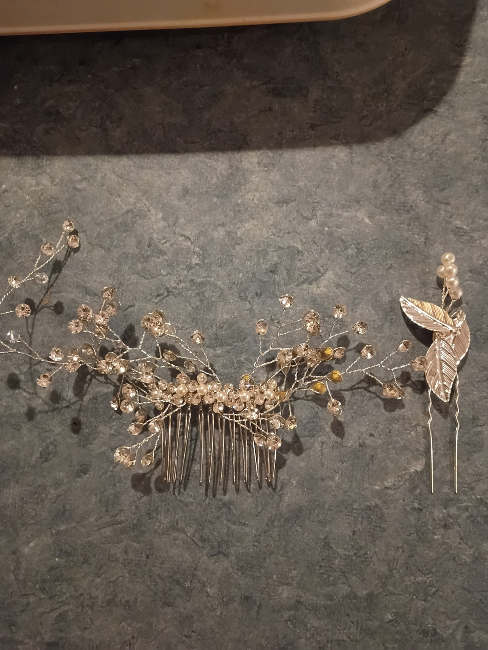 Delicate Pearl & Crystal Bridal Hair Comb - Silver Set